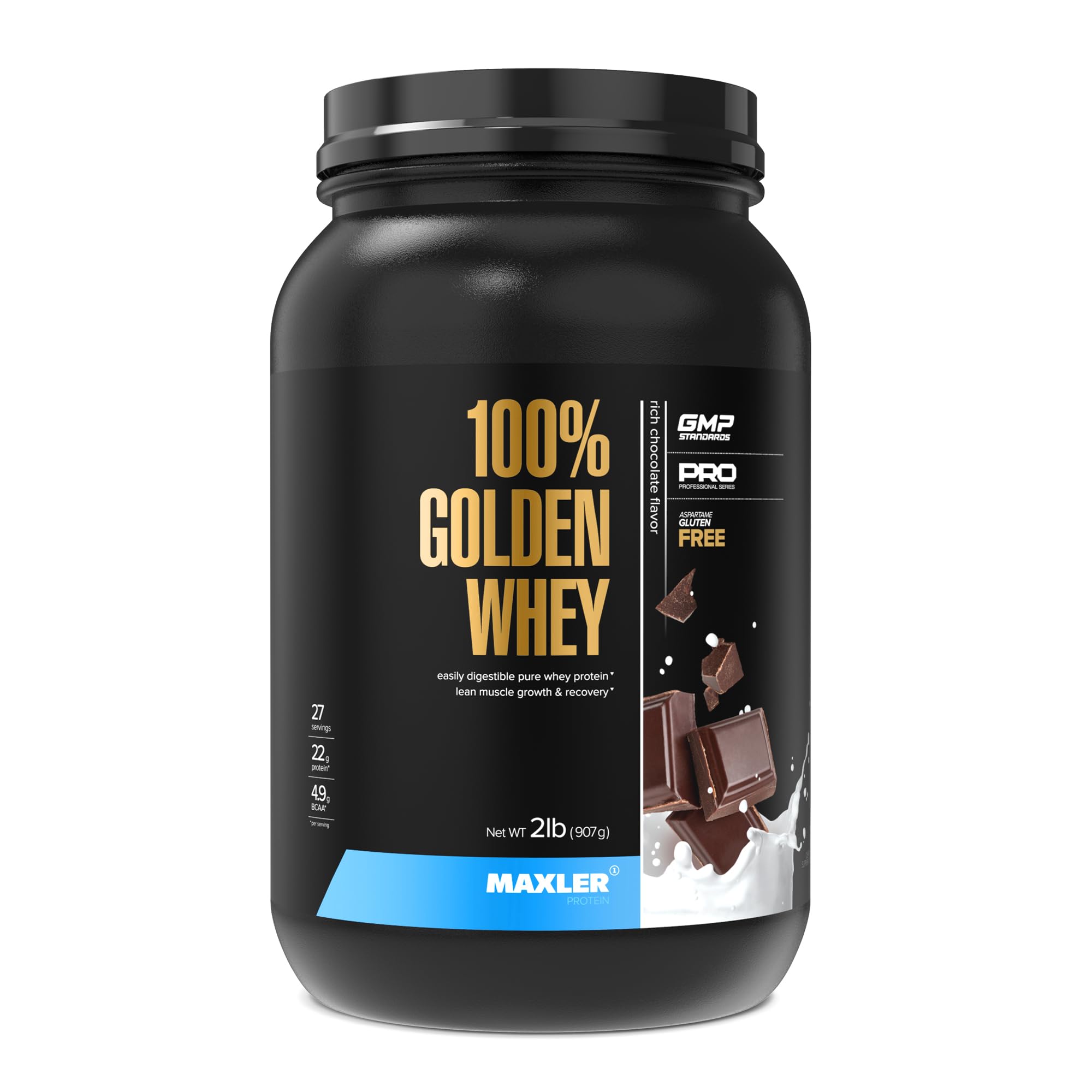 Maxler 100% Golden Whey bottle with rich chocolate formula for post-workout fueling.