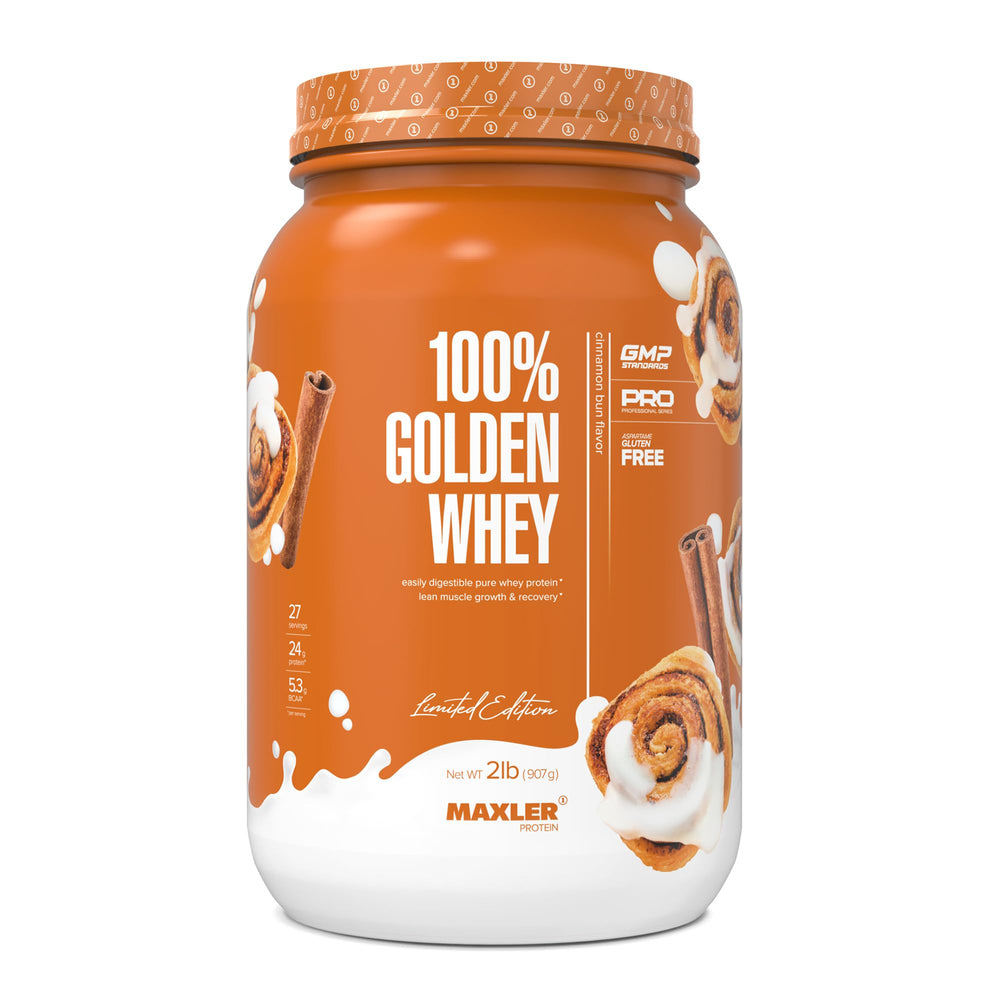 Maxler 100% Golden Whey bottle pour shows convenient daily protein boost