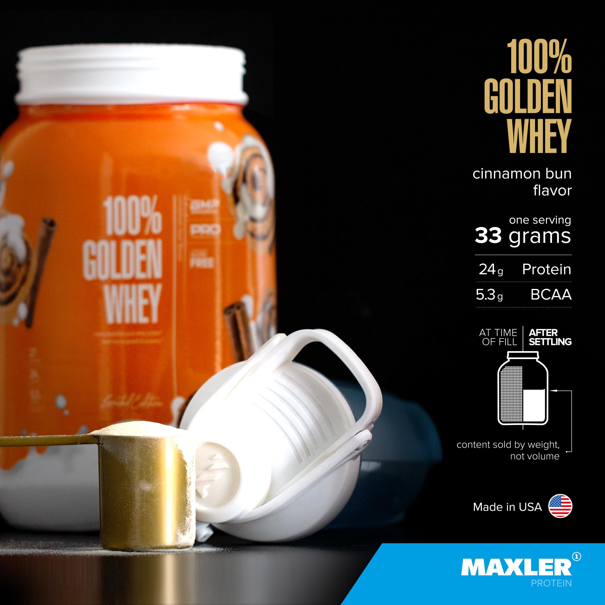 Maxler 100% Golden Whey label close-up highlights cinnamon bun flavor