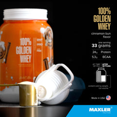 Maxler 100% Golden Whey label close-up highlights cinnamon bun flavor