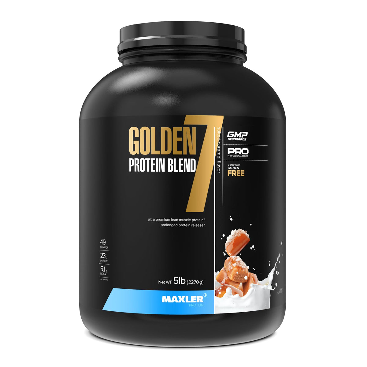 Maxler Golden 7 protein blend tub front, daily protein support in a premium container