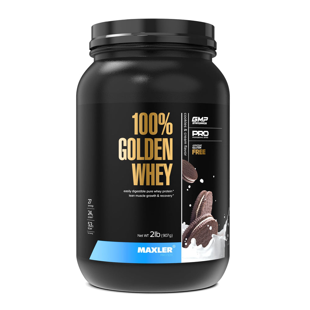 Maxler 100% Golden Whey bottle pouring for a quick post-workout shake