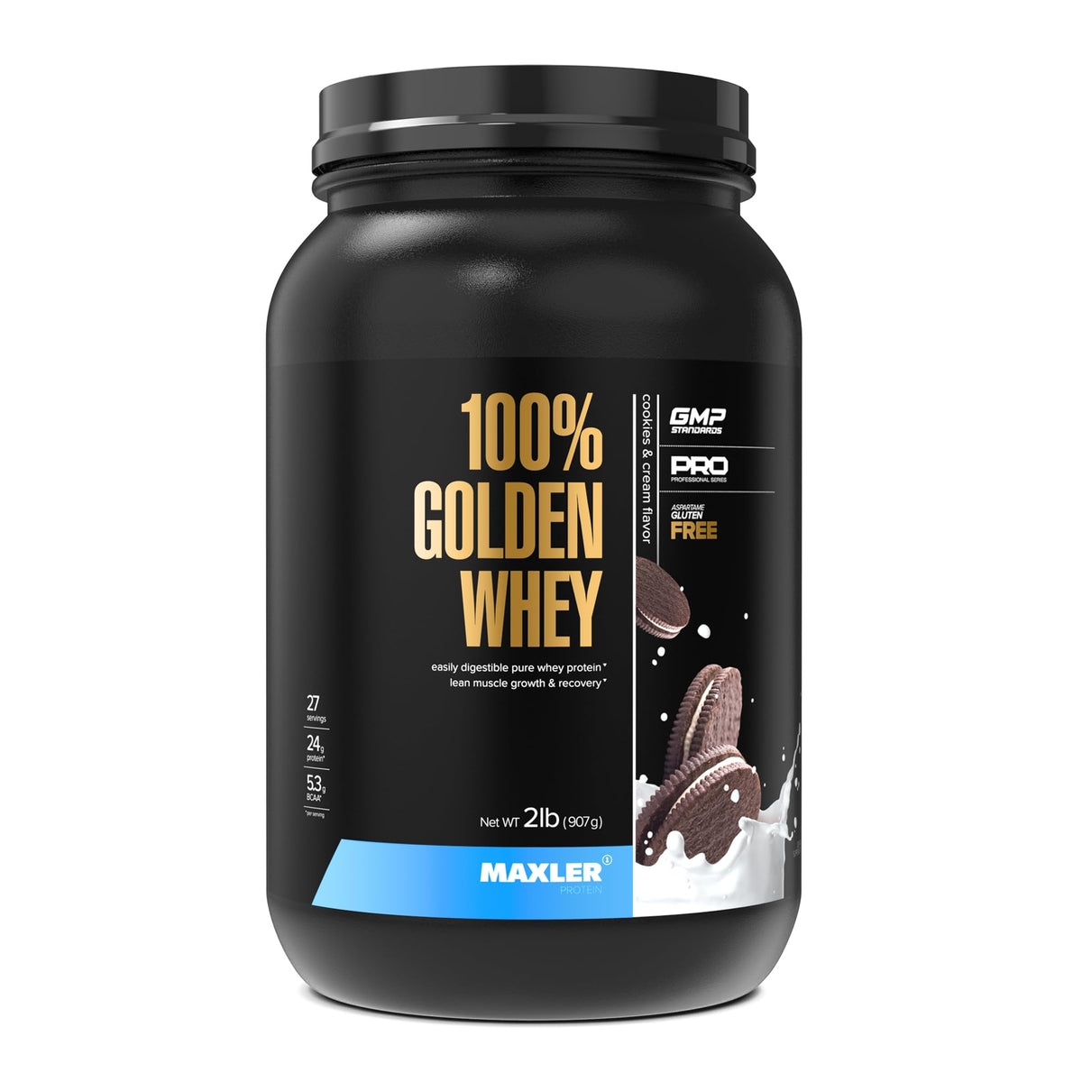 Maxler 100% Golden Whey bottle pouring for a quick post-workout shake