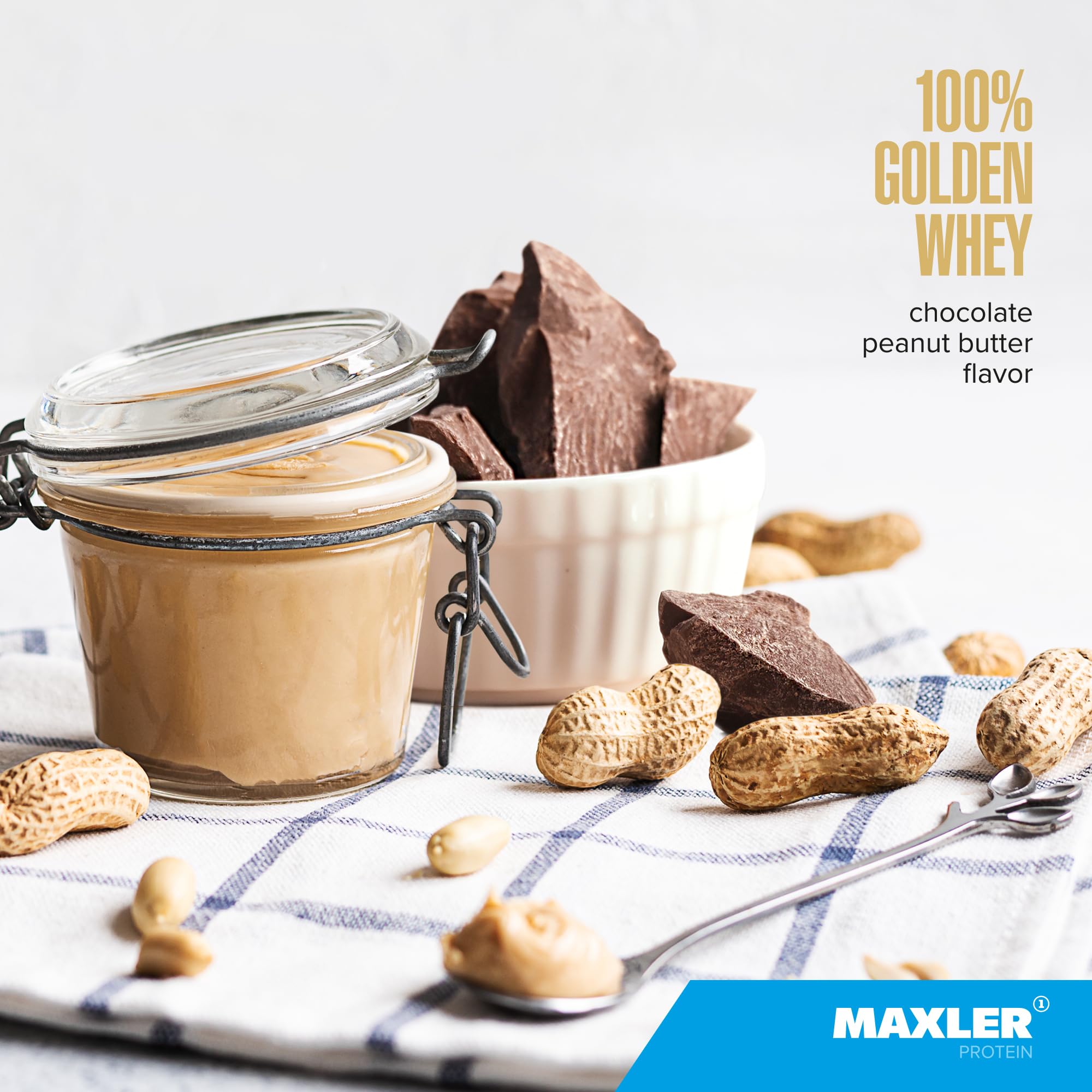 Maxler 100% Golden Whey container label showing quality standards