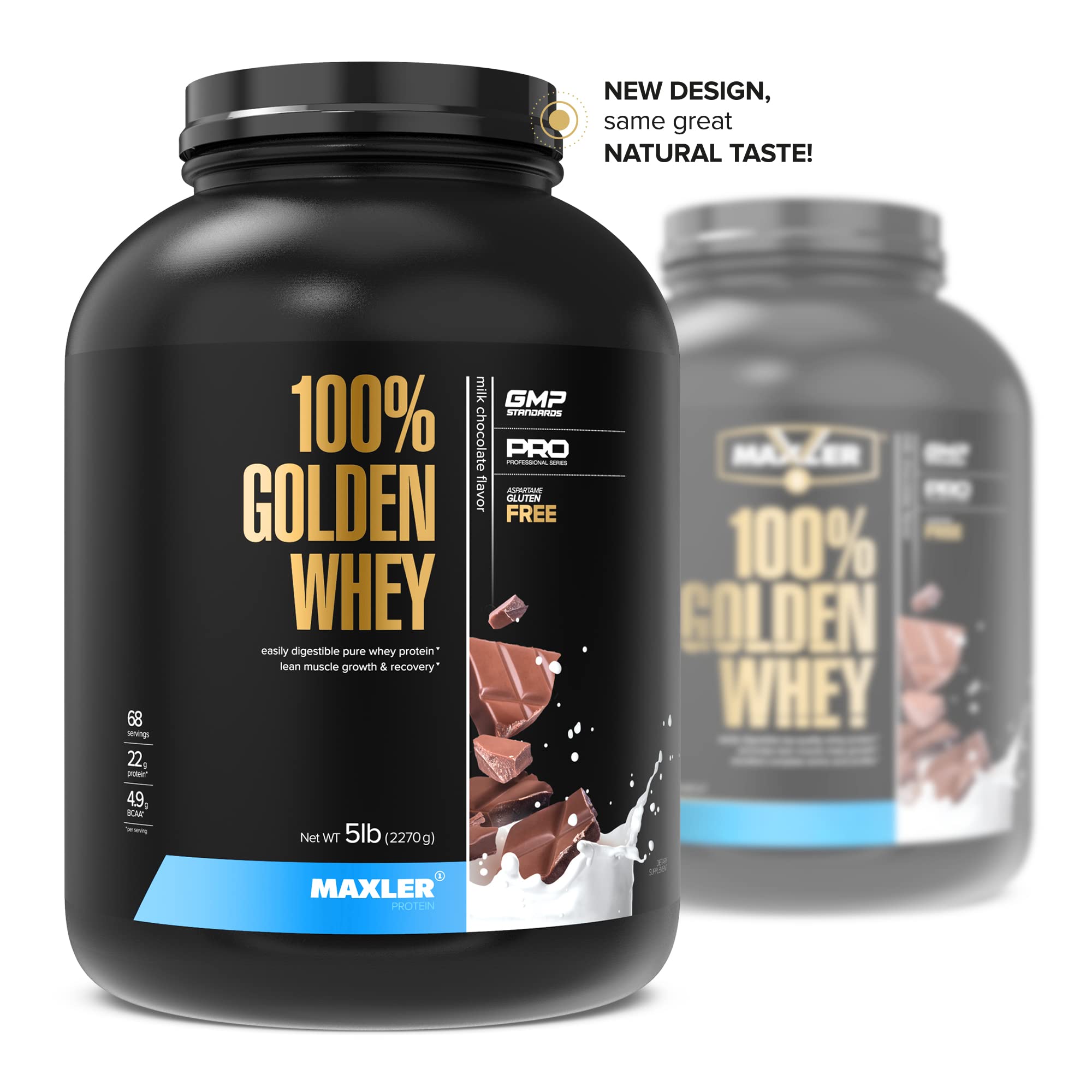 Maxler 100% Golden Whey label detail showing nutrition and flavor.