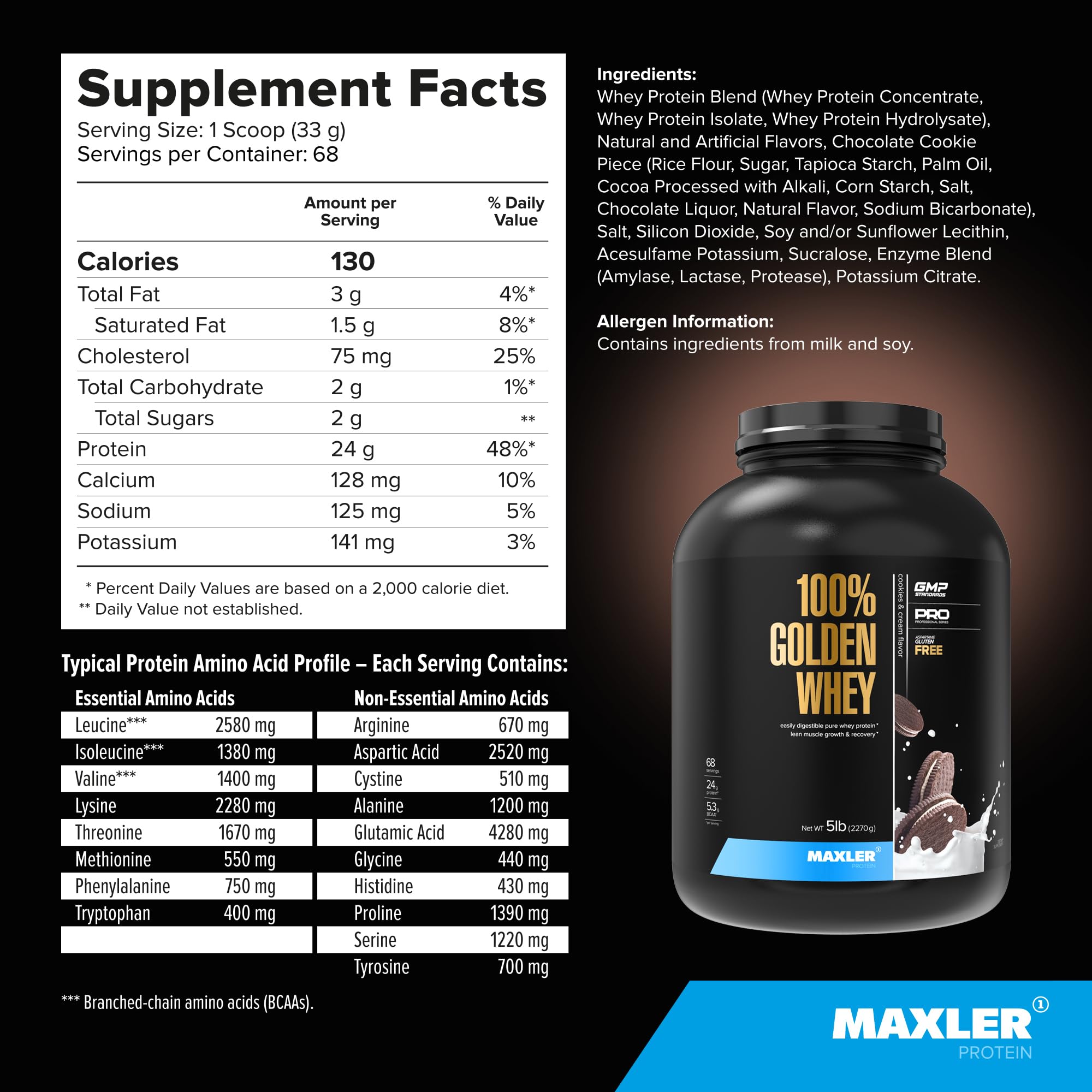 Nutrition facts panel on Maxler Golden Whey highlights 130 calories per serving and 2 g sugar