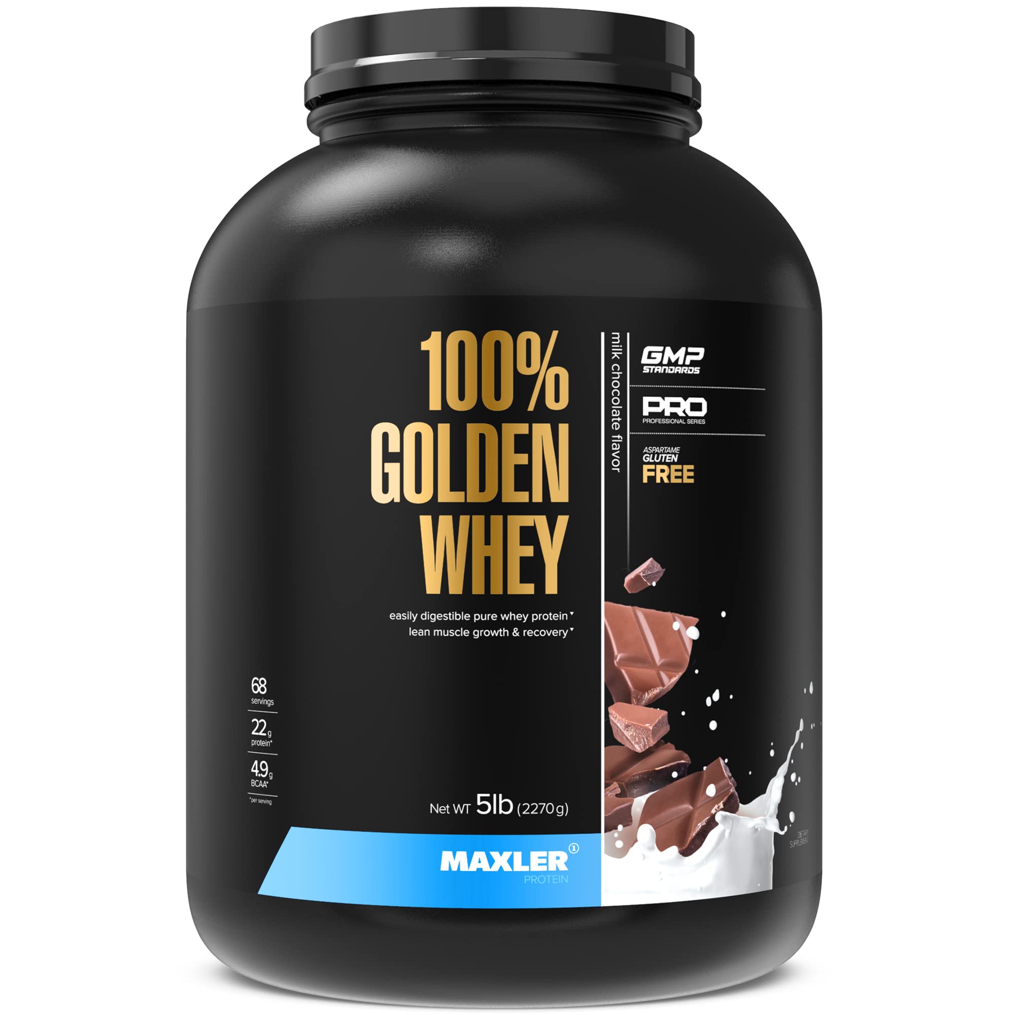 Maxler 100% Golden Whey scoop in jar for easy serving.