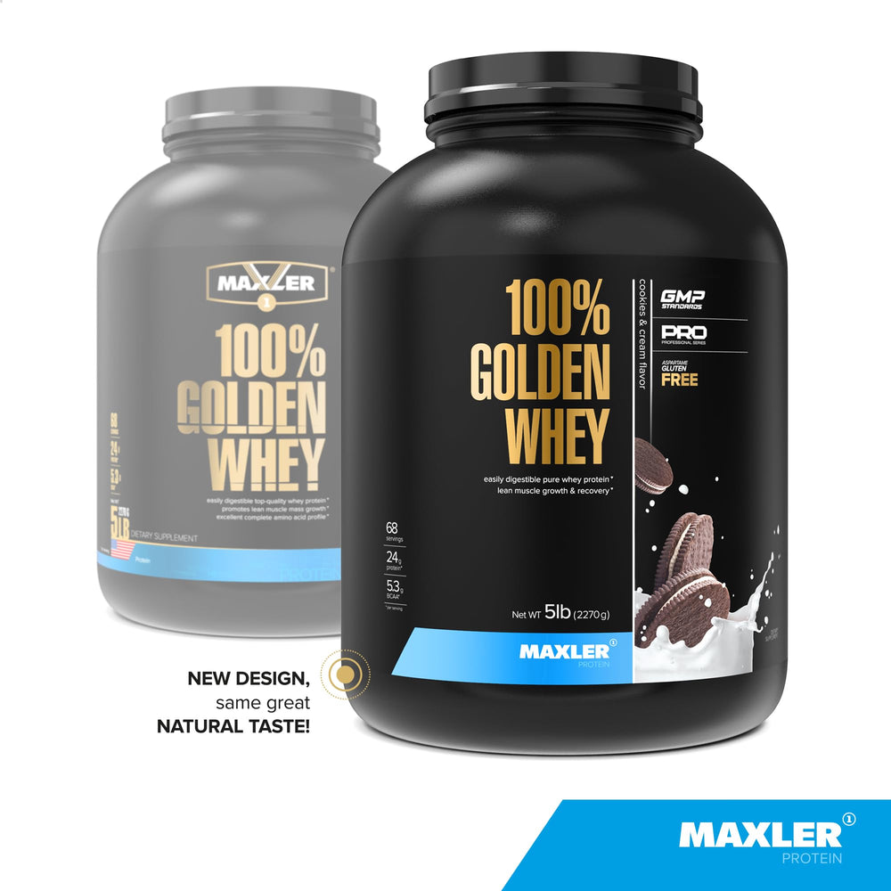 Maxler Golden Whey scoop with powder ready for a shake after training