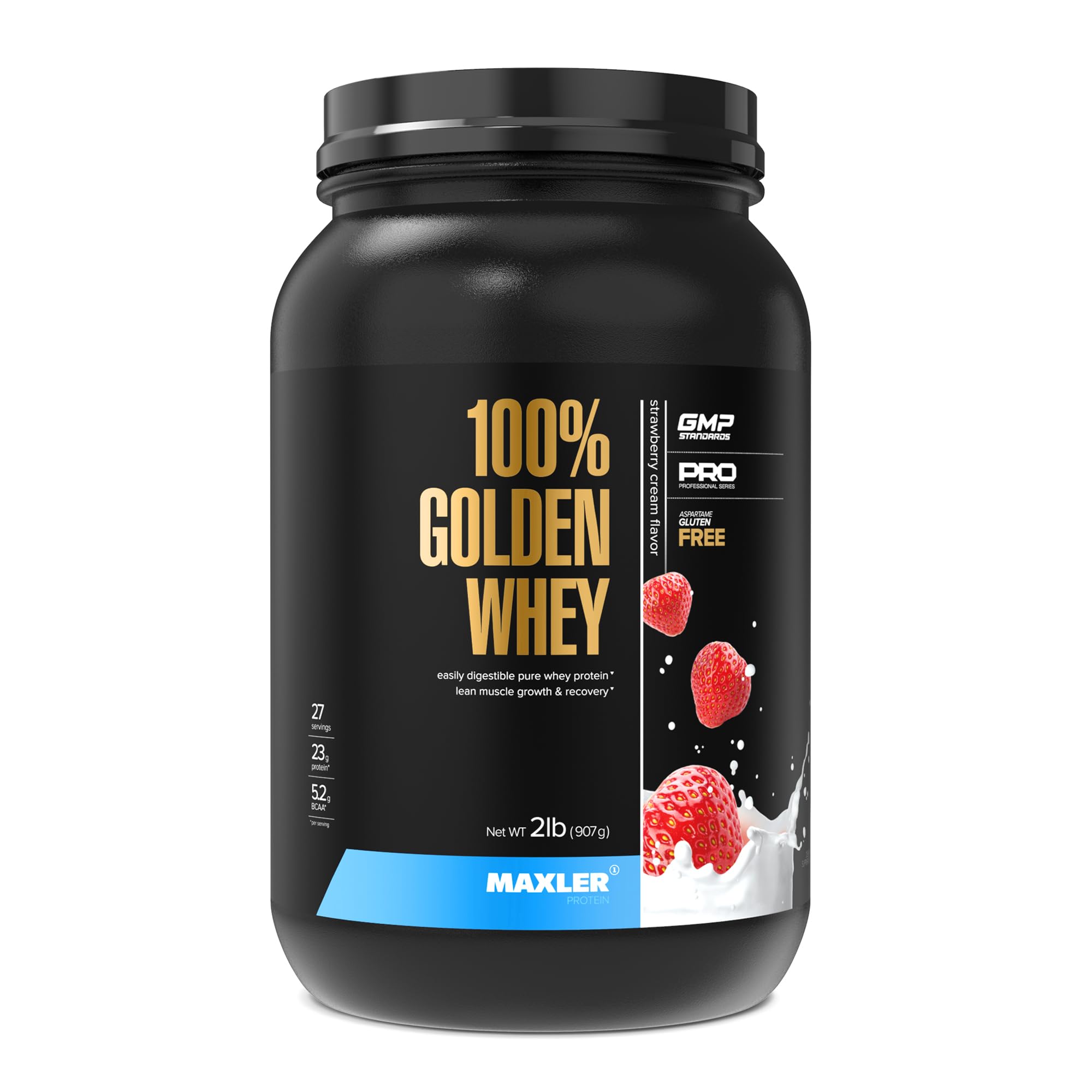 Maxler Golden Whey Strawberry Cream bottle with 23 g protein per serving for post-workout fuel.