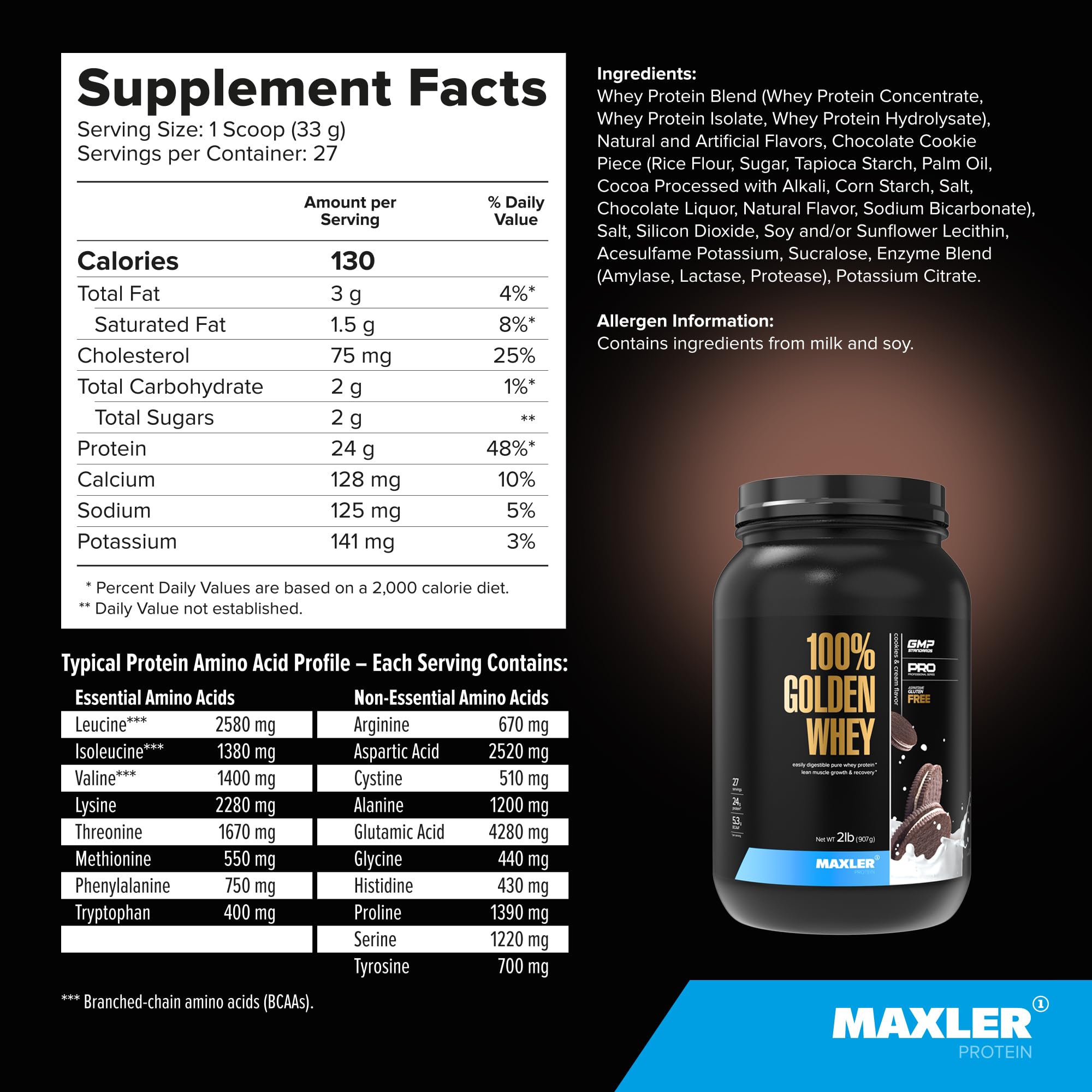 Maxler Golden Whey tub close-up highlights protein per serving