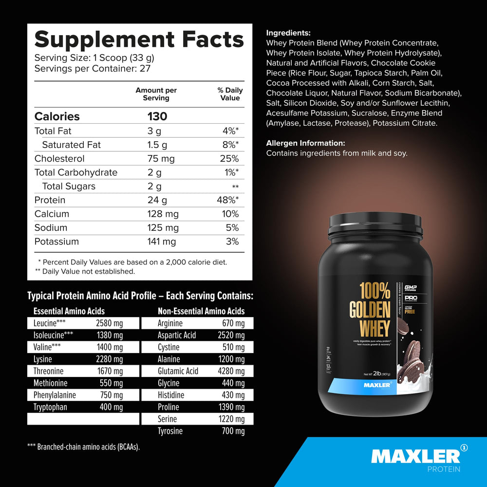 Maxler Golden Whey tub close-up highlights protein per serving