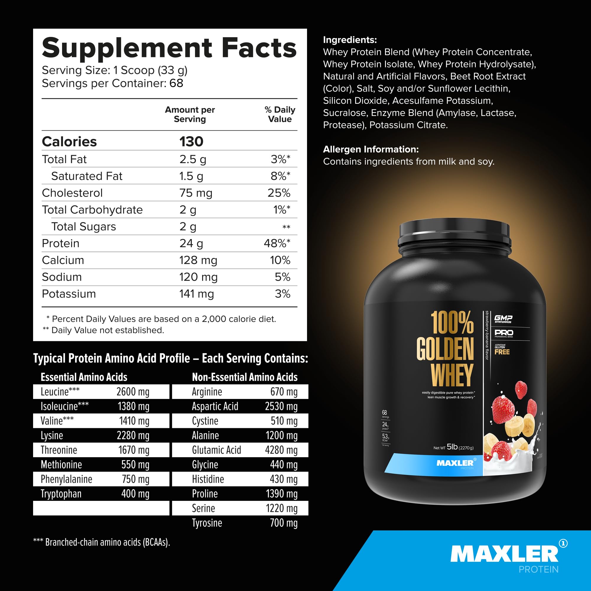 Made in USA label on Maxler Golden Whey container.
