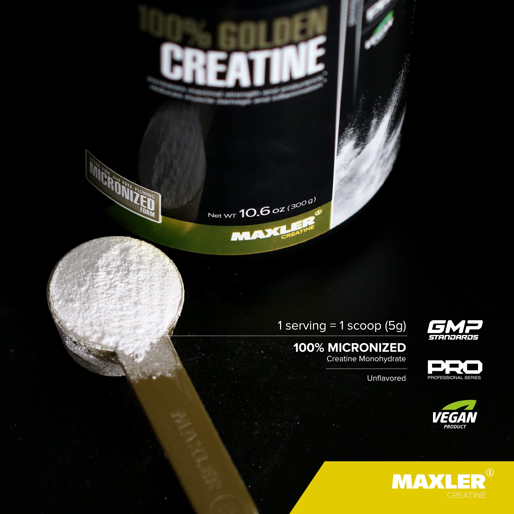 Maxler micronized creatine powder close-up, showing fine texture for quick mixing.