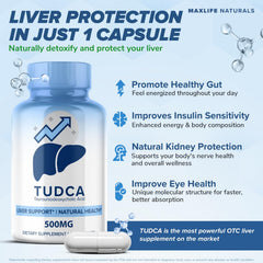 MAXLIFE NATURALS Tudca capsules close-up highlighting convenient daily intake.