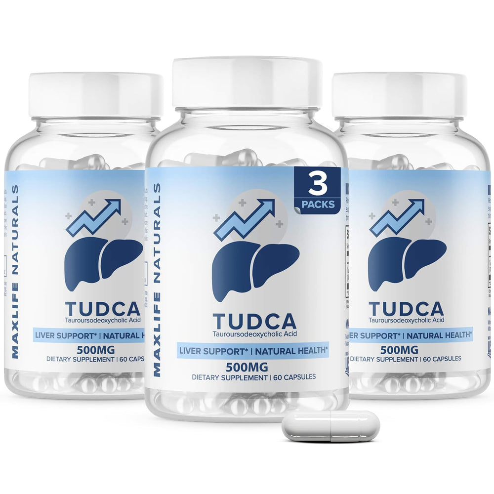 MAXLIFE NATURALS Tudca liver support bottle being poured for daily use.