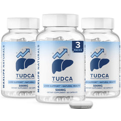 MAXLIFE NATURALS Tudca liver support bottle being poured for daily use.