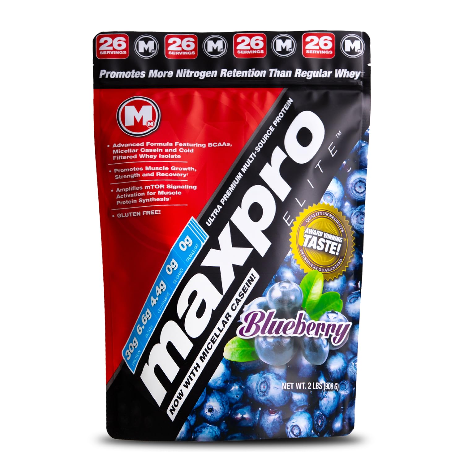 Max Muscle MaxPro Elite Blueberry whey powder packaging, 2 lb, supports muscle recovery.