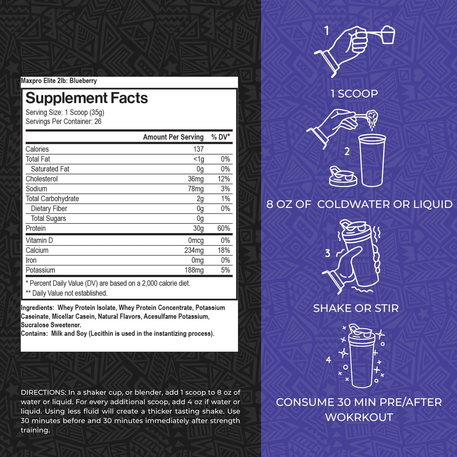 Max Muscle MaxPro Elite whey-casein blend image highlighting fast and sustained amino acid release.