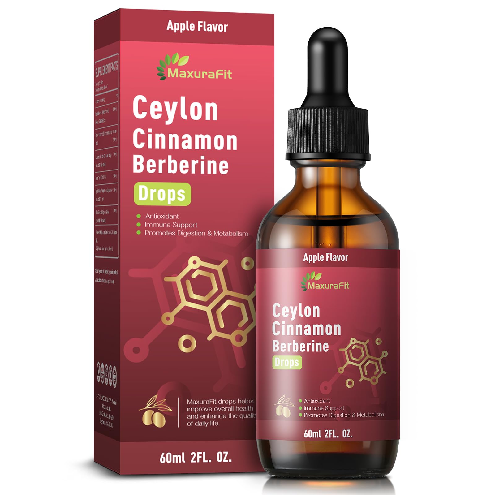 MaxuraFit berberine cinnamon liquid drops bottle highlighting vegan formula for daily immune and digestion support.