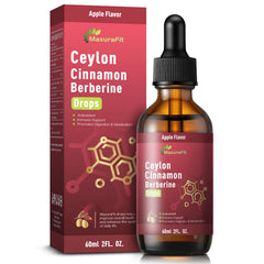 MaxuraFit berberine cinnamon liquid drops bottle highlighting vegan formula for daily immune and digestion support.