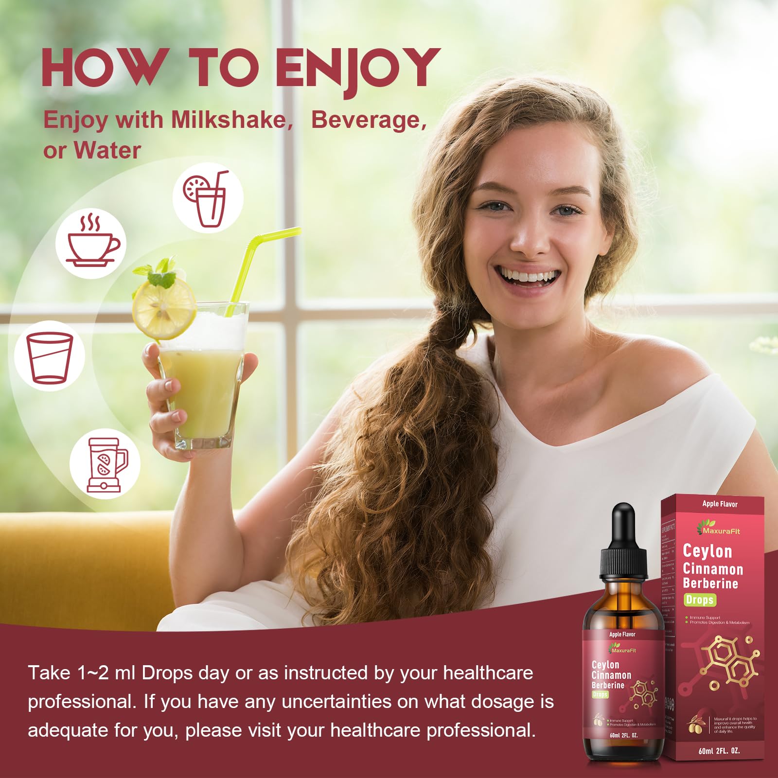 MaxuraFit glass with tea and drops for a flavorful daily boost