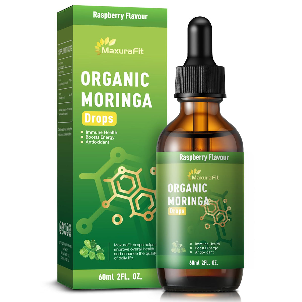 MaxuraFit Moringa Drops bottle front, vegan formula for energy and immunity.
