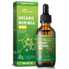 MaxuraFit Moringa Drops bottle front, vegan formula for energy and immunity.