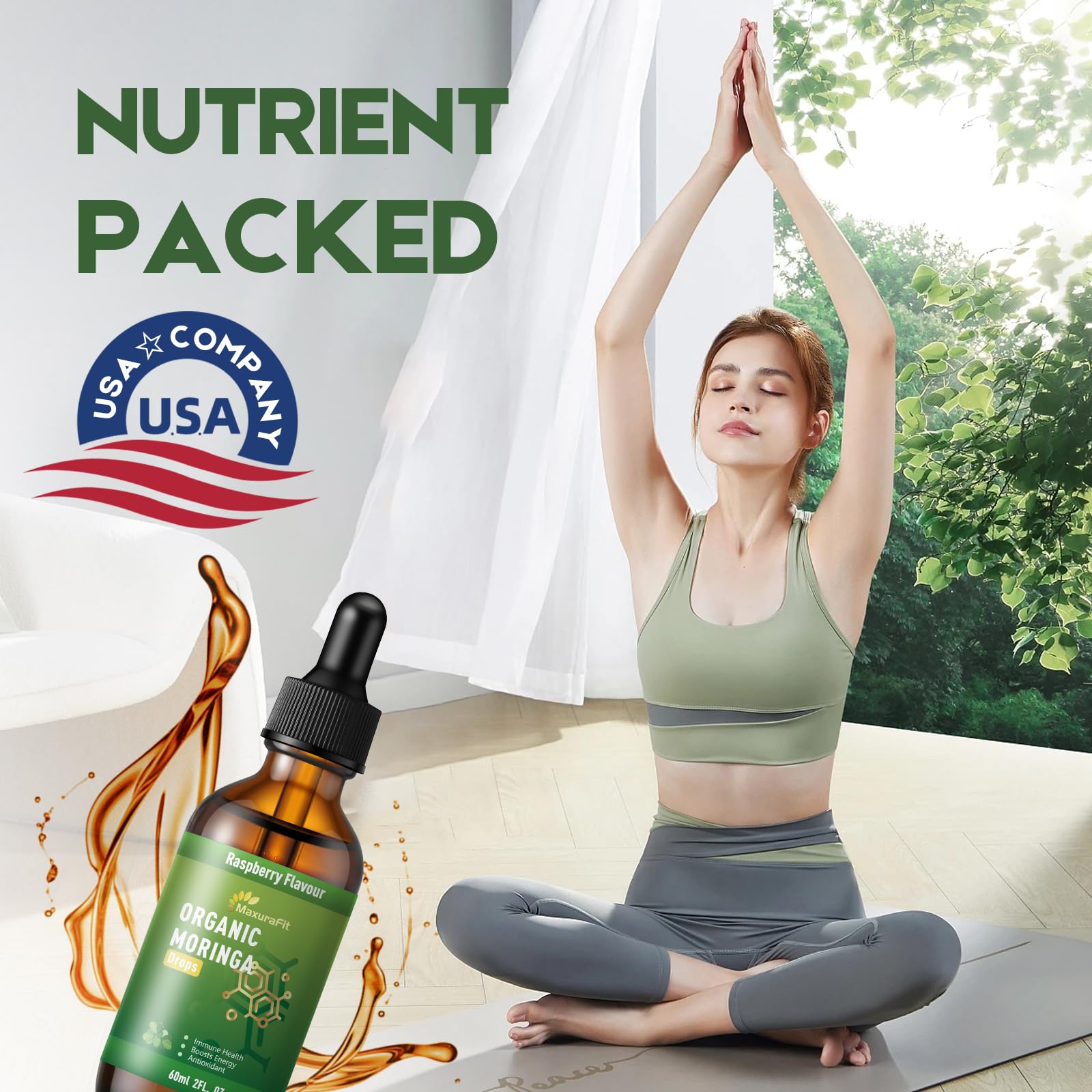 MaxuraFit Moringa Drops label close-up, vegan and non-GMO ingredients.