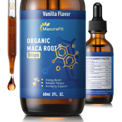 MaxuraFit Maca Root Ashwagandha Drops bottle offers portable daily energy support.
