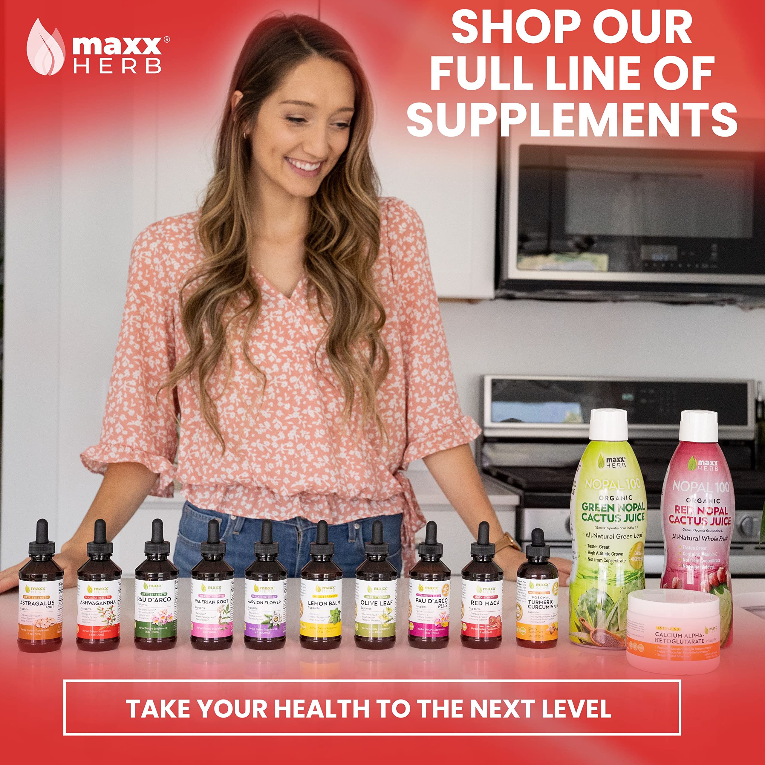 Maxx Herb Ashwagandha Drops bottle on wood evokes premium home use.