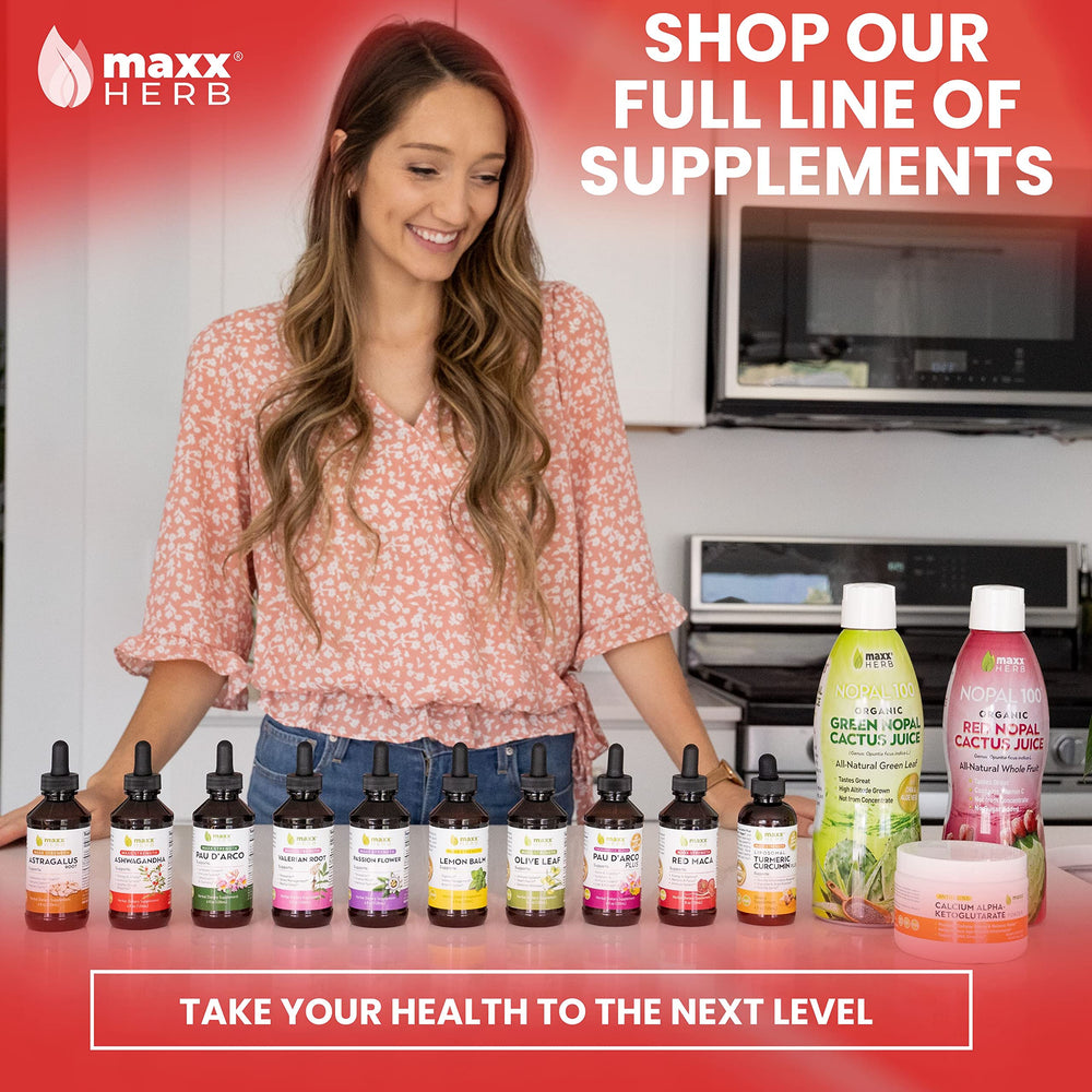 Maxx Herb Ashwagandha Drops bottle on wood evokes premium home use.