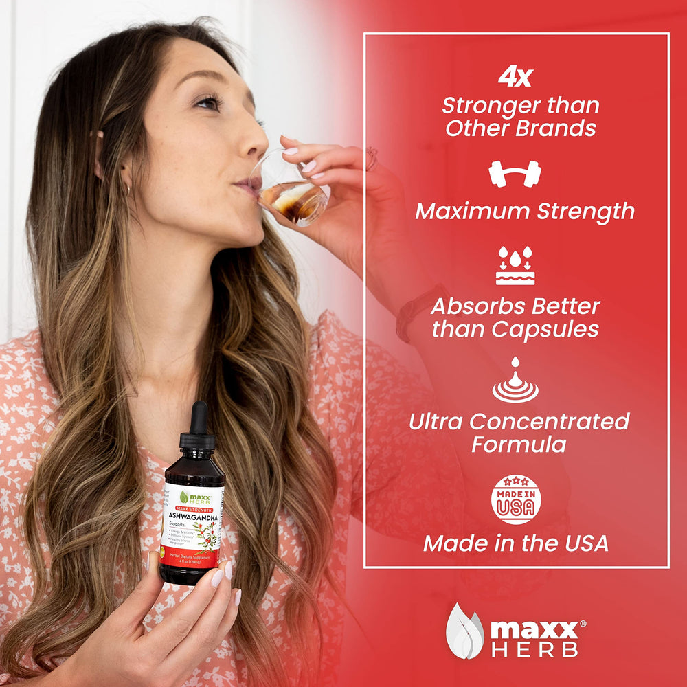 Maxx Herb Ashwagandha Drops dropper dispensing for easy, repeated energy support.