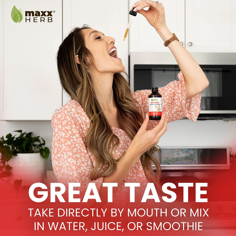 Maxx Herb Ashwagandha Drops label highlights gluten-free, vegan, non-GMO credentials.