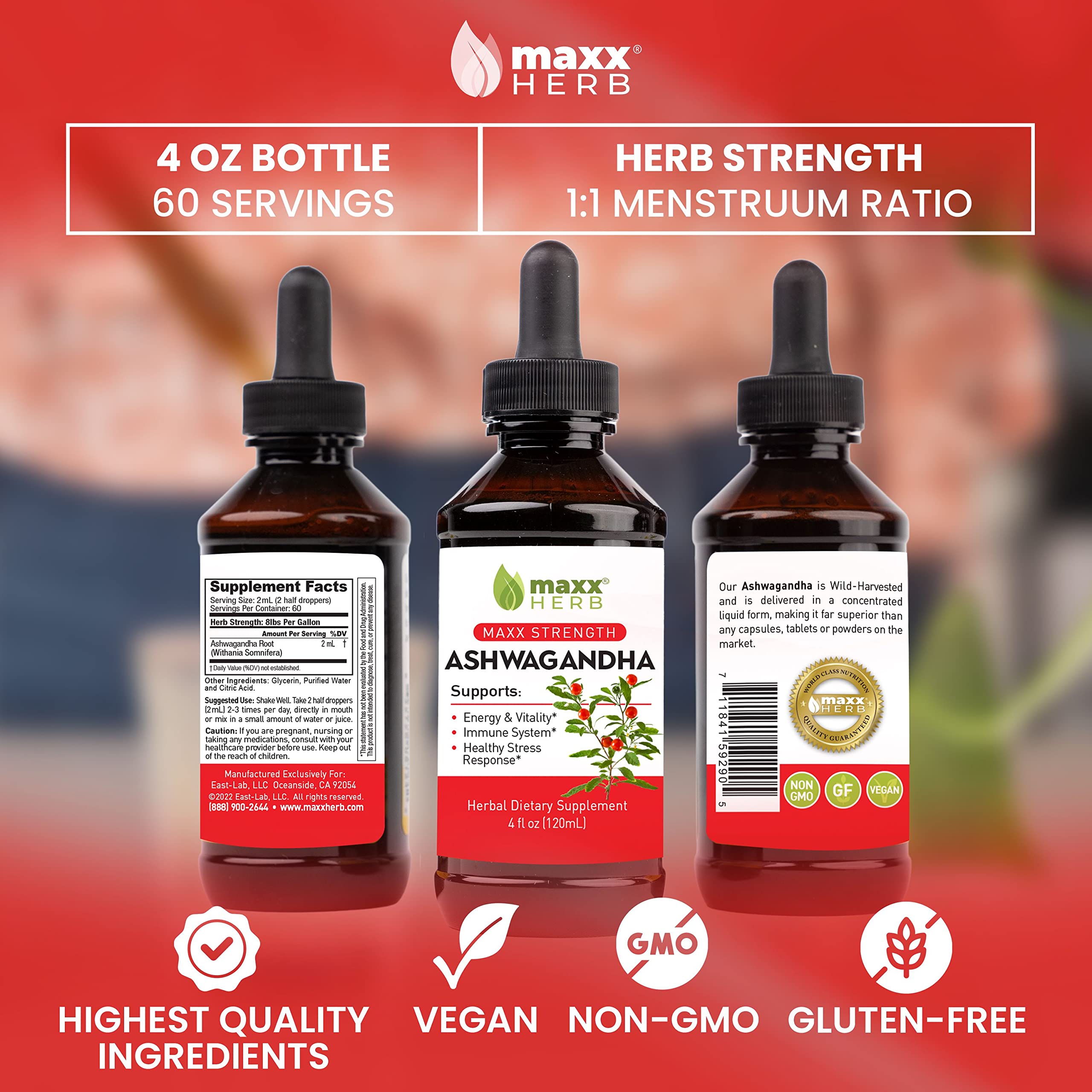 Maxx Herb Ashwagandha Drops made in USA stamp signals quality and safety.