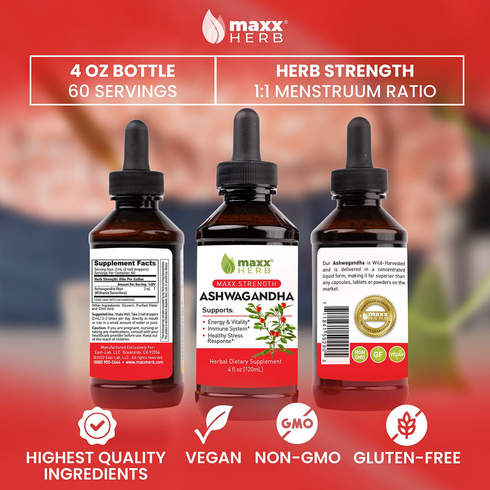 Maxx Herb Ashwagandha Drops made in USA stamp signals quality and safety.