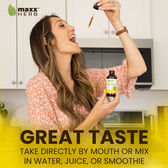 Maxx Herb Lemon Balm amber bottle showcases alcohol-free tincture benefits.
