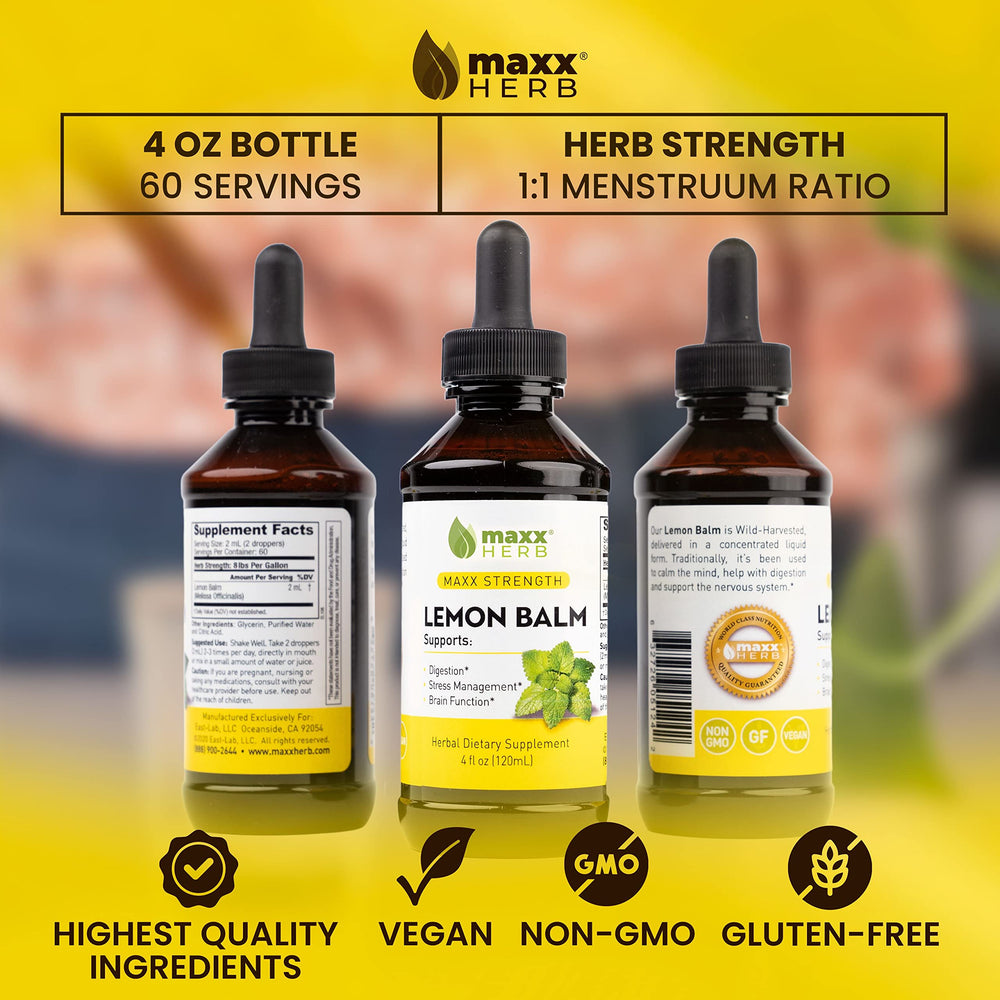 Maxx Herb Lemon Balm drops close-up demonstrates fast-absorption liquid.