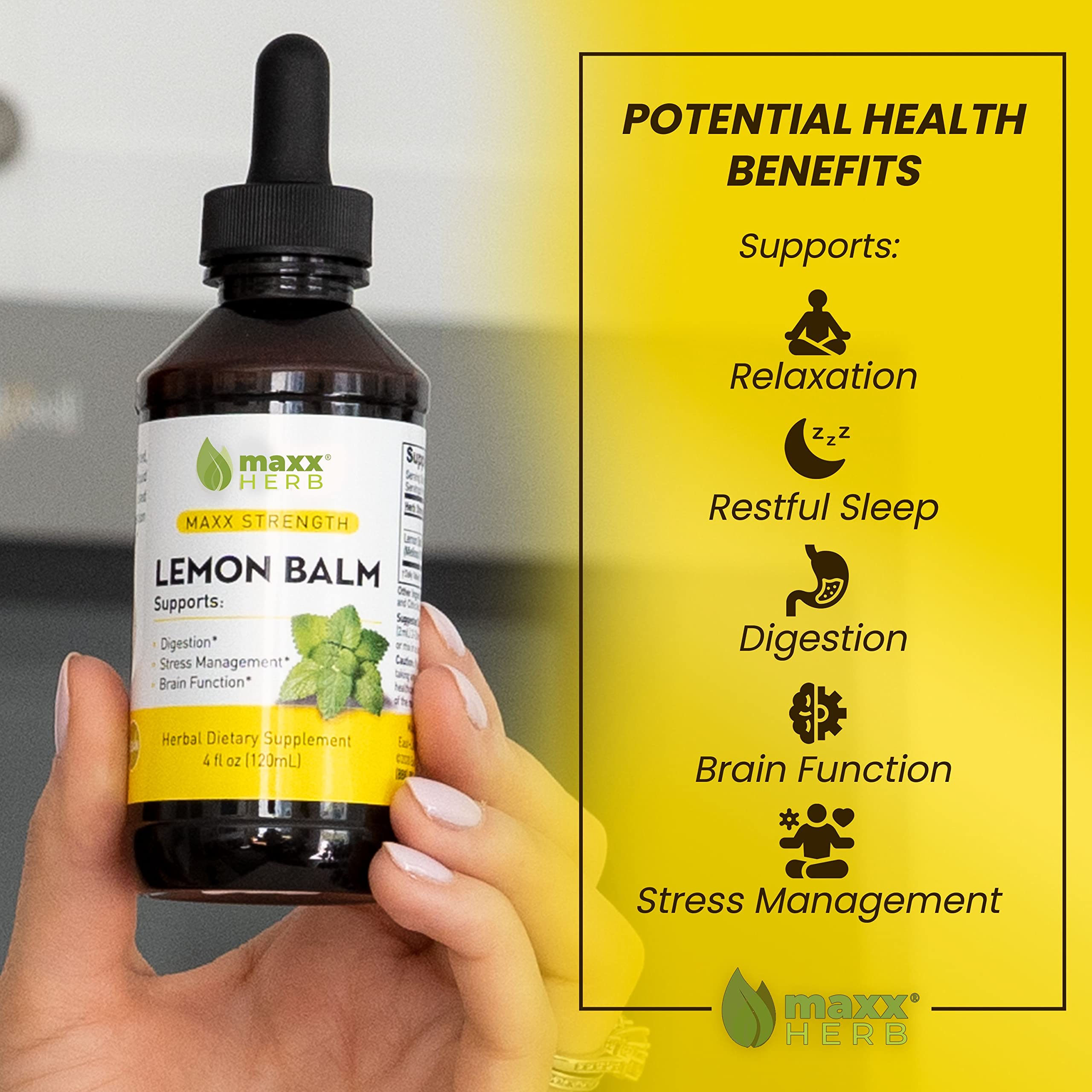 Maxx Herb Lemon Balm label close-up highlighting potency and USA-made quality.