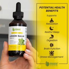 Maxx Herb Lemon Balm label close-up highlighting potency and USA-made quality.