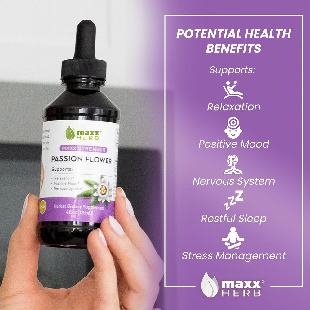Maxx Herb Passion Flower Extract label highlighting alcohol-free formula and 60 servings