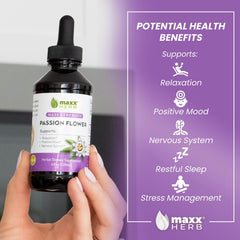 Maxx Herb Passion Flower Extract label highlighting alcohol-free formula and 60 servings