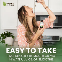 California-made Maxx Herb tincture bottle on kitchen counter.
