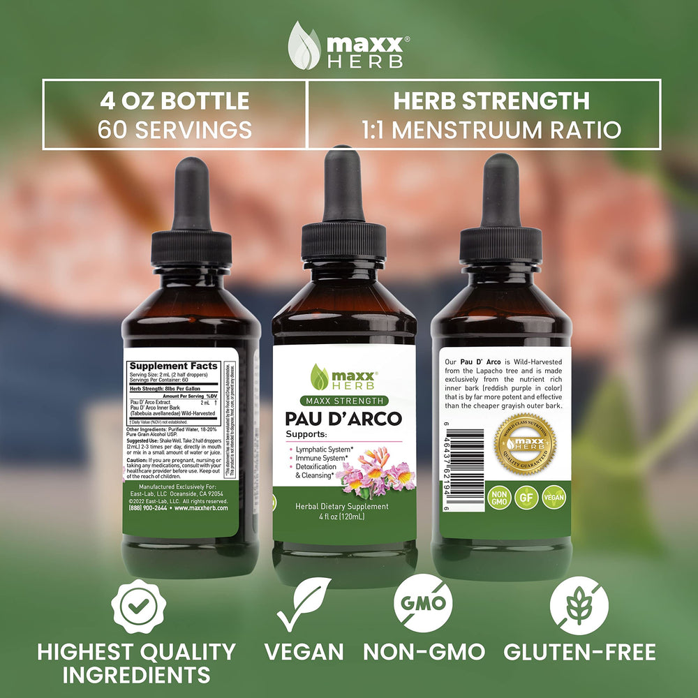 Maxx Herb PAU D'Arco tincture label shows 60 servings.