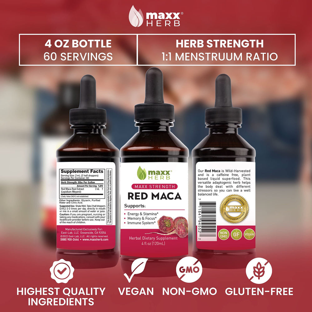 Maxx Herb Red Maca bottle notes USA-made, gluten-free, vegan, non-GMO