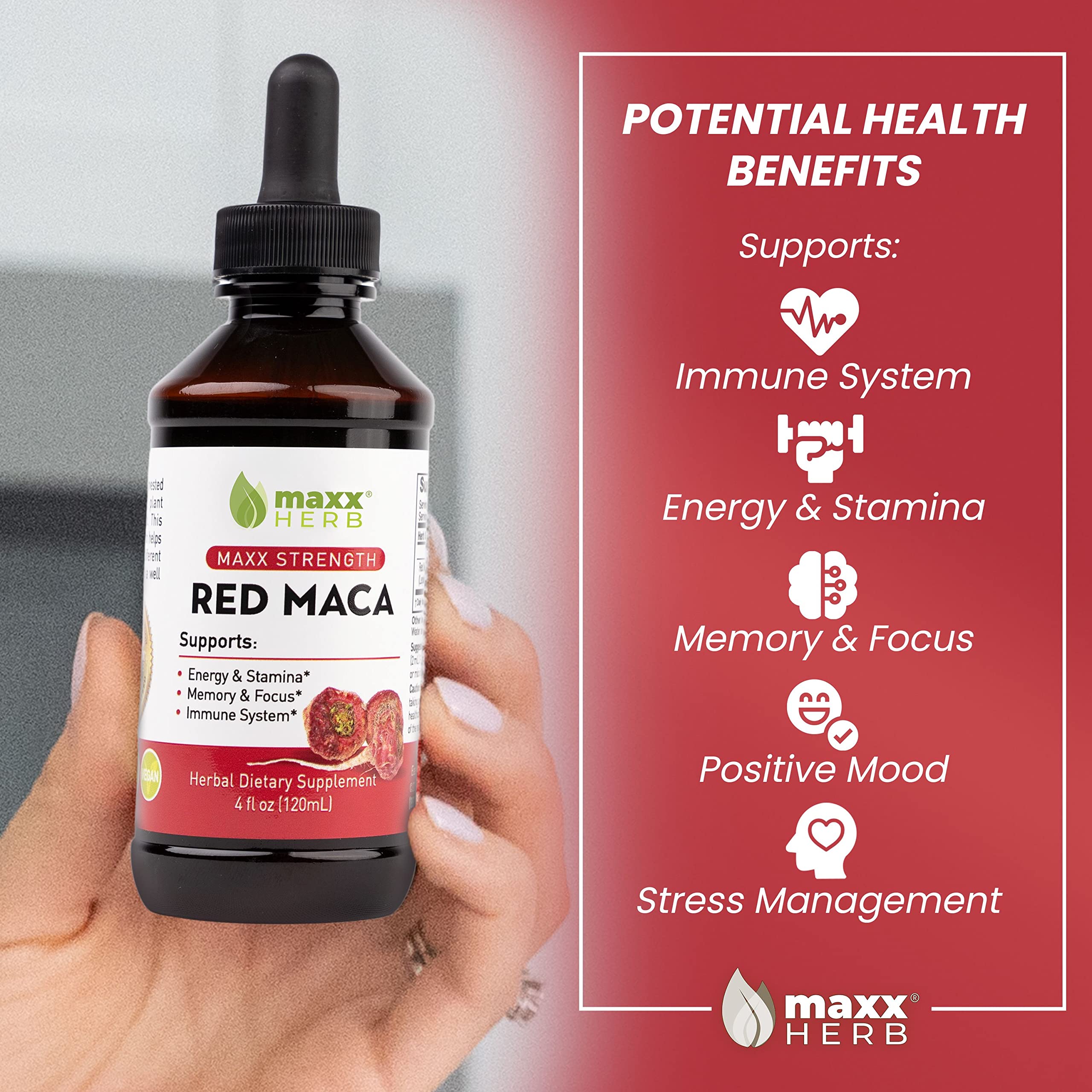 Maxx Herb Red Maca dropper pours a precise 2 mL dose