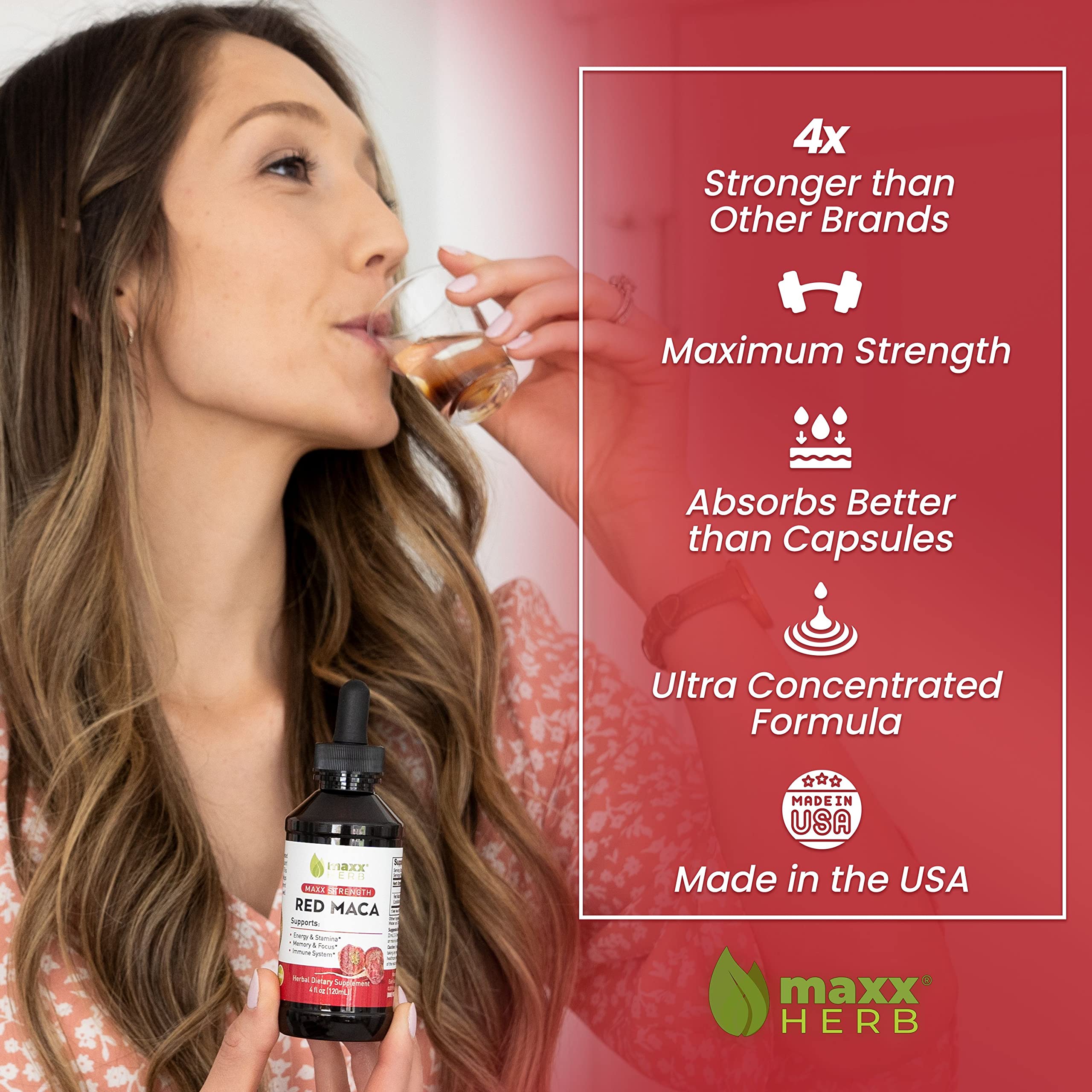 Maxx Herb Red Maca label close-up shows 8 lbs per gallon potency