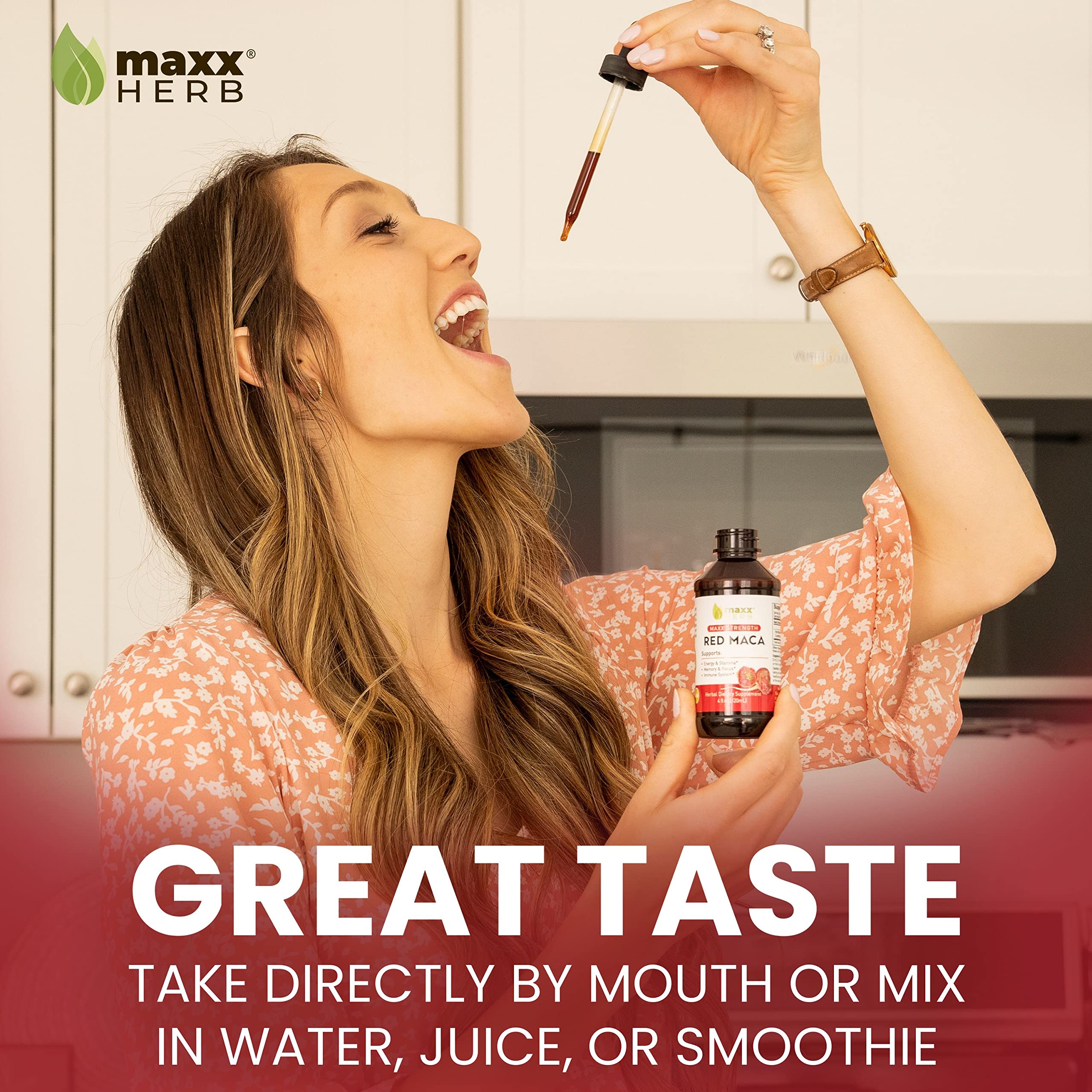 Maxx Herb Red Maca liquid drops dispense smoothly for quick absorption