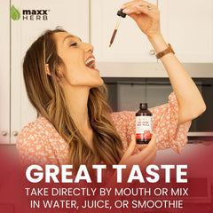 Maxx Herb Red Maca liquid drops dispense smoothly for quick absorption
