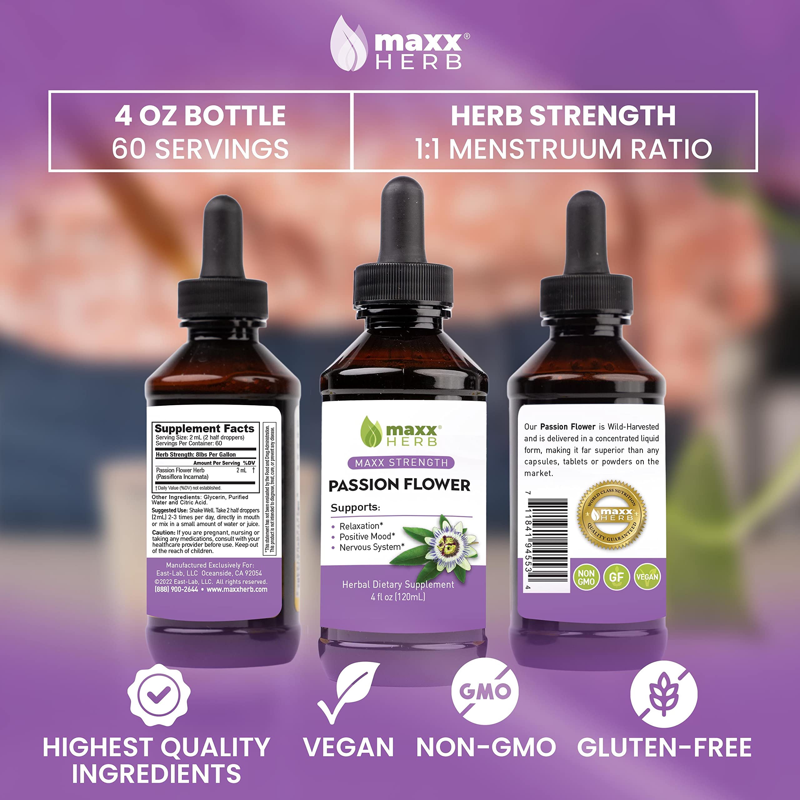 Seal indicating USA-made facility for Maxx Herb Passion Flower Extract