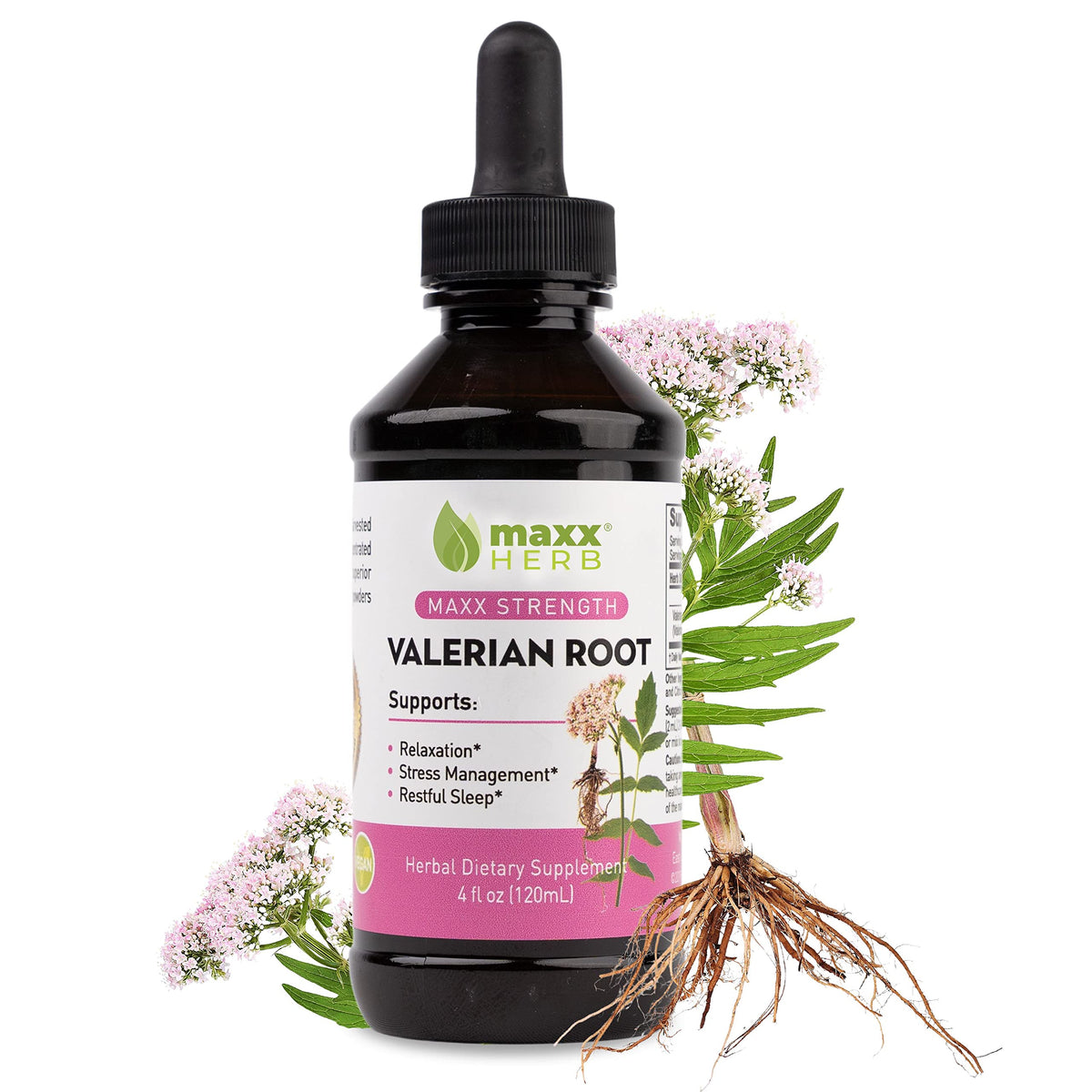 Maxx Herb Valerian bottle pour shows convenient liquid relaxation.